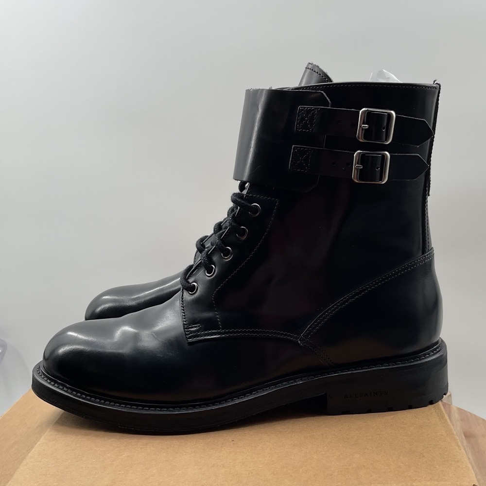 AllSaints Black Leather Double Buckle Combat Boots Side Zip Lug Sole 40 5019